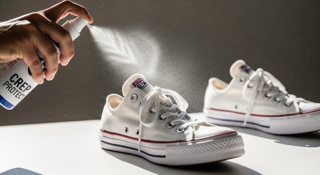 spraying crep protect on white converse after cleaning to prevent staining