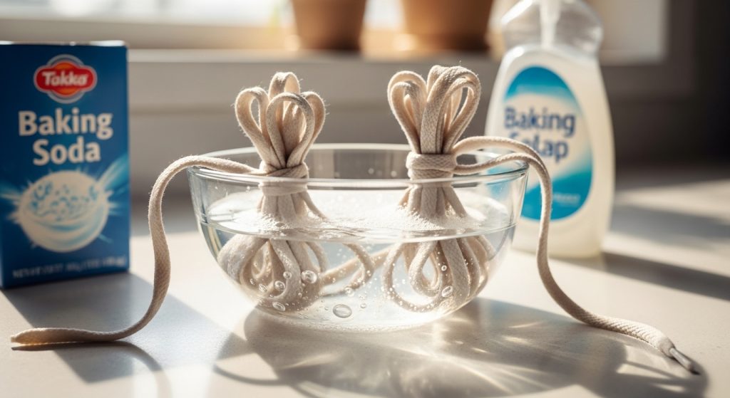 soaking white converse shoelaces in warm soapy water to clean them