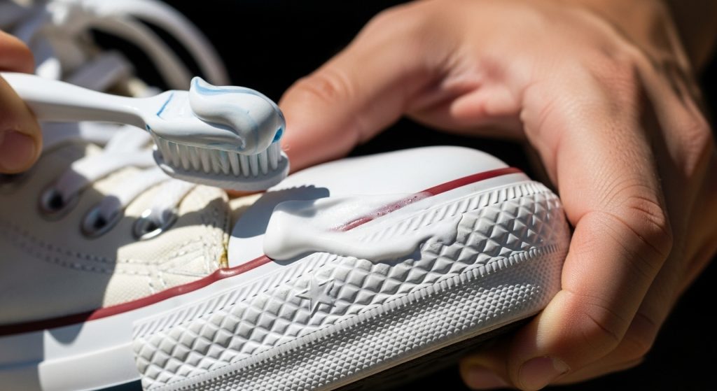 cleaning white converse rubber toe cap with white toothpaste and toothbrush