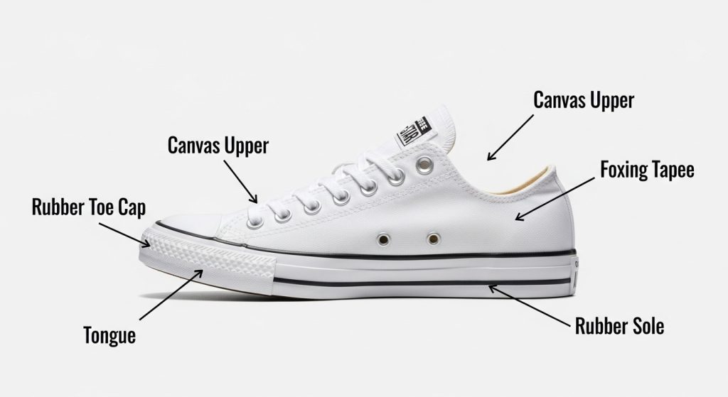 parts of white converse sneaker canvas upper toe cap foxing tape tongue sole