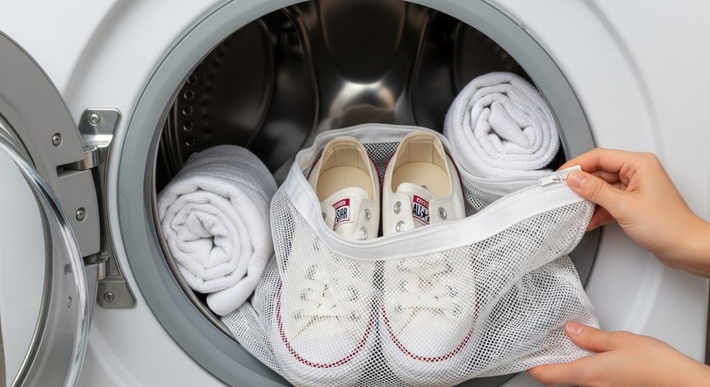 putting white converse in washing machine in mesh laundry bag with towels