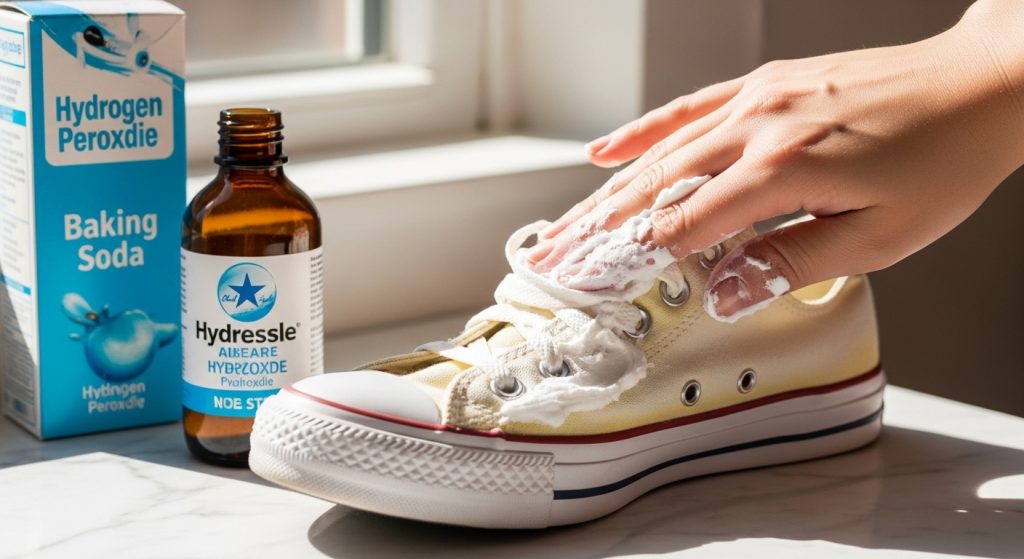 applying baking soda hydrogen peroxide paste to white converse to brighten yellowed canvas