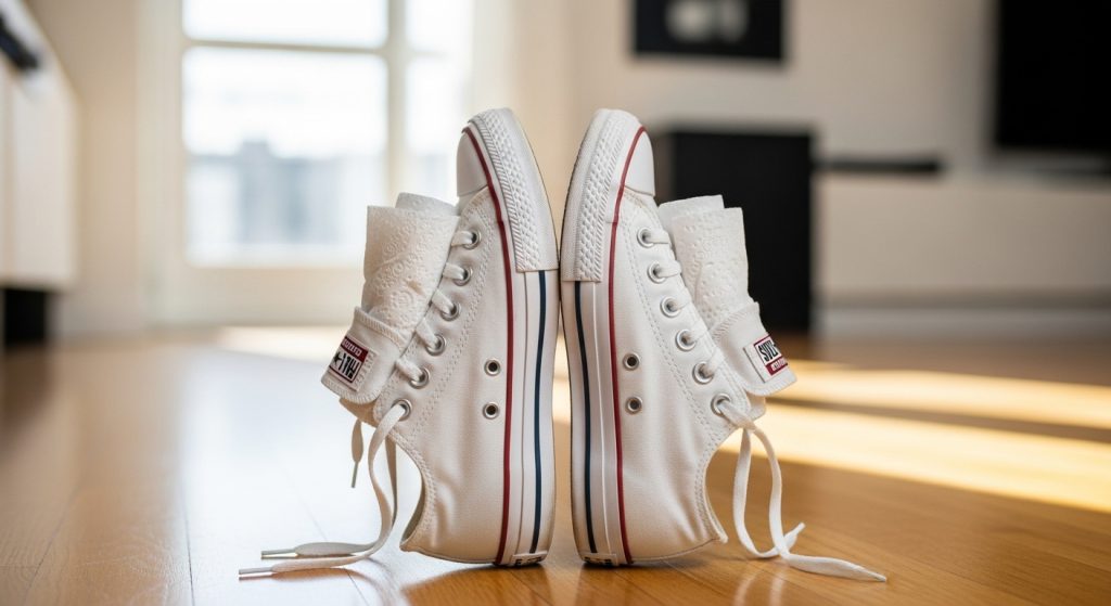 ALT TEXT: drying white converse stuffed with paper towels indoors away from sunlight