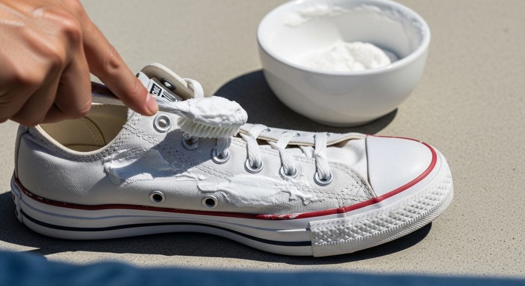 applying baking soda paste to white converse canvas with toothbrush