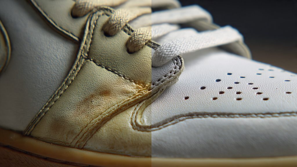 yellowed white leather sneaker upper showing oxidation discoloration