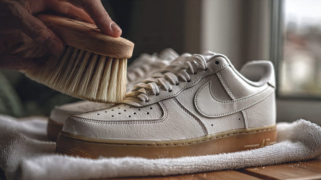 dry brushing white leather sneaker with horsehair brush before cleaning