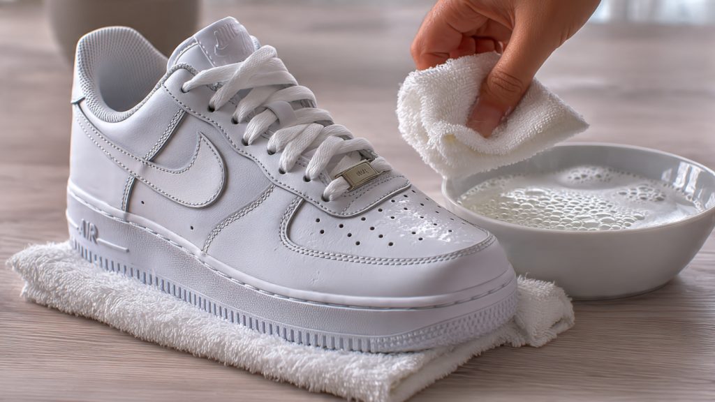 cleaning white leather sneaker with damp microfiber cloth and mild soap solution