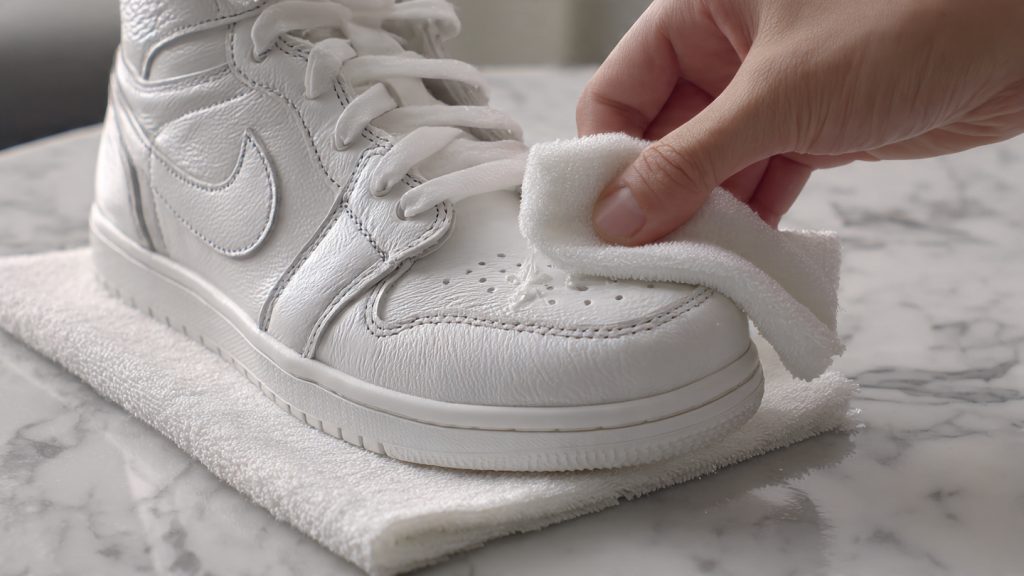 spot treating stubborn stain on white leather sneaker with baking soda paste