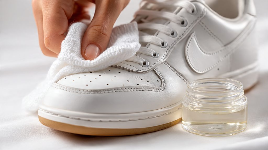 applying leather conditioner to white leather sneaker after cleaning