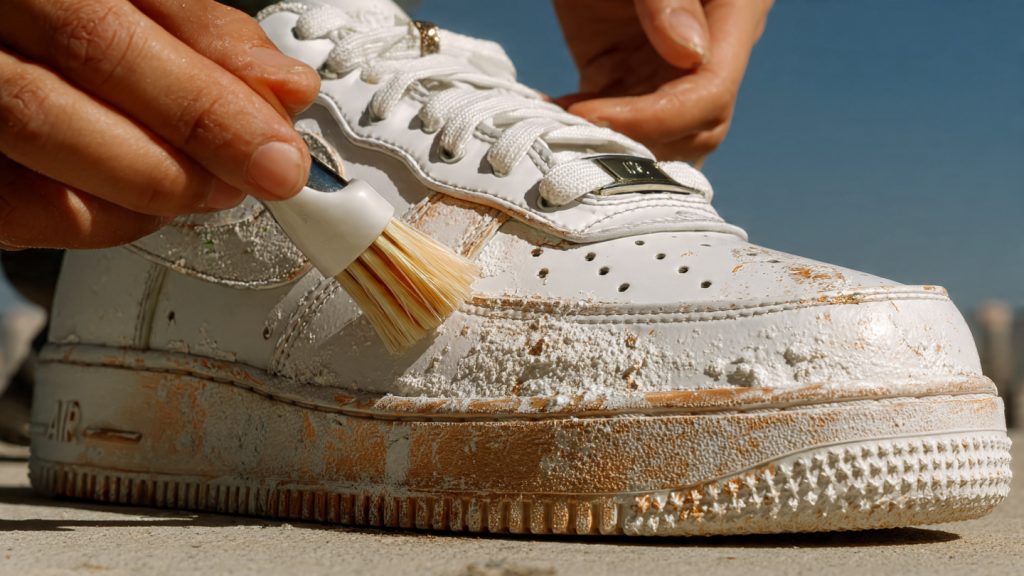 cleaning white rubber midsole of leather sneaker with baking soda and toothbrush