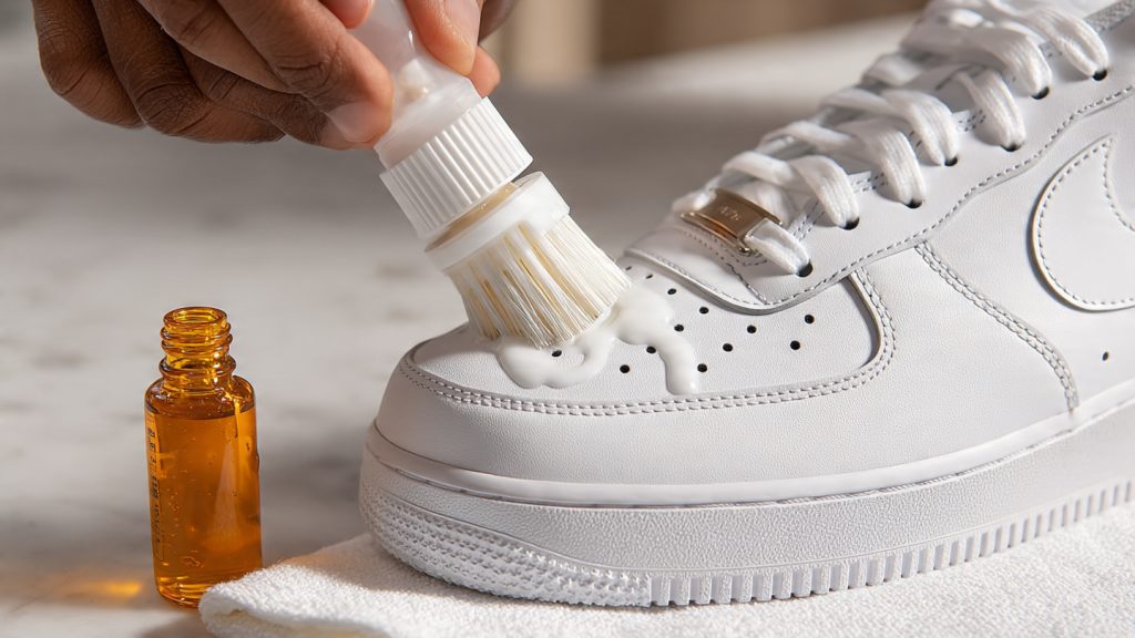 using Jason Markk shoe cleaner on white leather sneaker