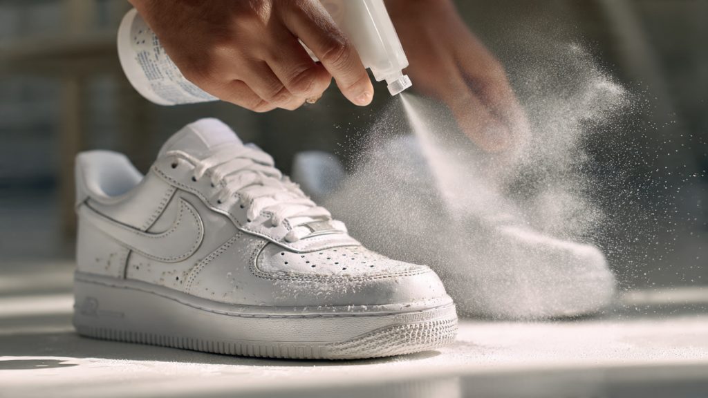 spraying water and stain repellent on white leather sneakers after cleaning